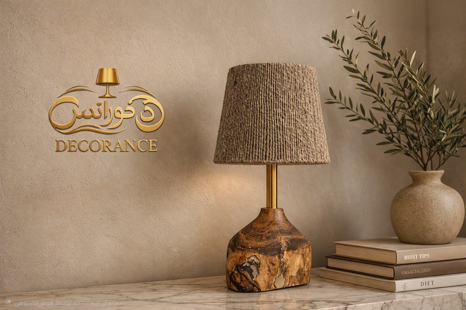 آباژور رومیزی دست ساز روستیک دکورانس با شید الیاف طبیعی پشم بز