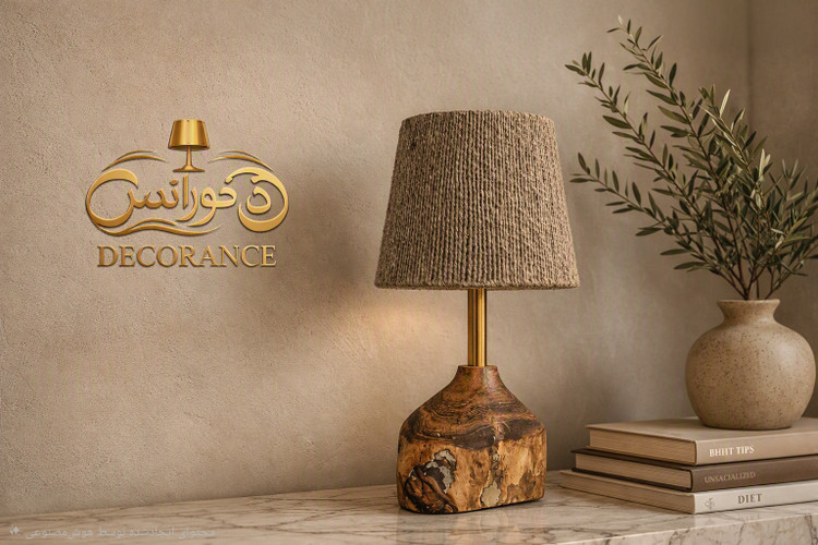 آباژور رومیزی دست ساز روستیک دکورانس با شید الیاف طبیعی پشم بز