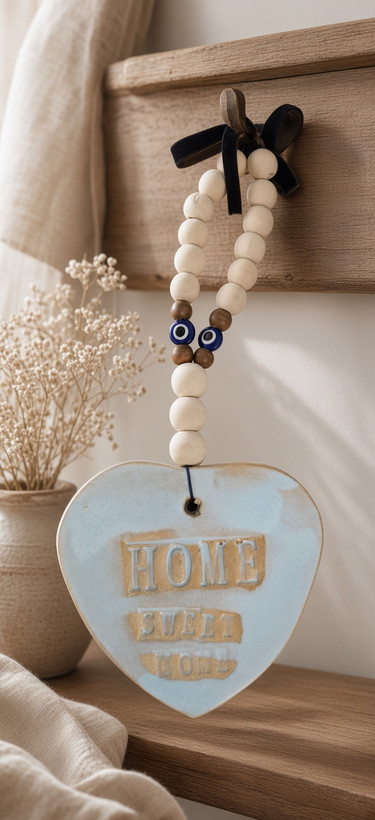 آویز سرامیکی قلبی «HOME SWEET HOME» با مهرههای چوبی و چشمزخم